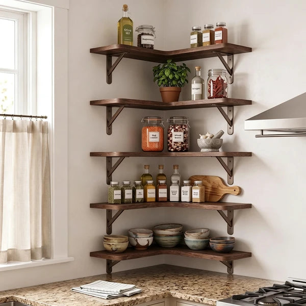 Corner Floating Shelves Set of 5, Rustic Wood Wall Shelves with Triangle Brackets, L-Shaped Corner Shelf for Bedroom Living Room Bathroom, Espresso Brown, 16.1 x 11.4 Inch