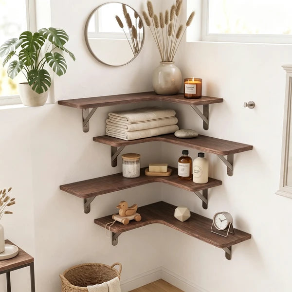 Corner Floating Shelves Set of 5, Rustic Wood Wall Shelves with Triangle Brackets, L-Shaped Corner Shelf for Bedroom Living Room Bathroom, Espresso Brown, 16.1 x 11.4 Inch
