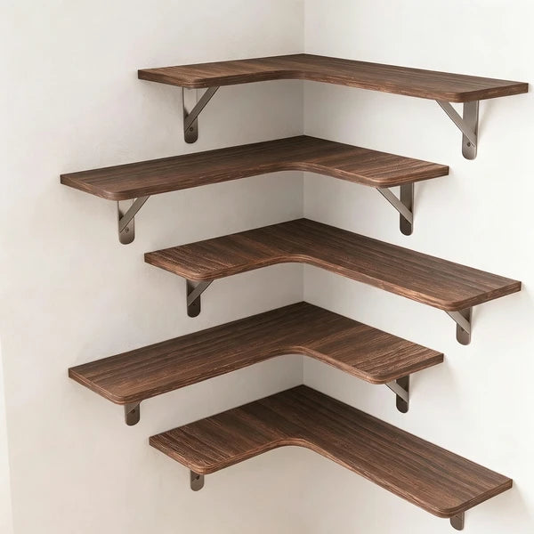Corner Floating Shelves Set of 5, Rustic Wood Wall Shelves with Triangle Brackets, L-Shaped Corner Shelf for Bedroom Living Room Bathroom, Espresso Brown, 16.1 x 11.4 Inch