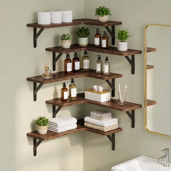 Corner Floating Shelves Set of 5, Rustic Wood Wall Shelves with Triangle Brackets, L-Shaped Corner Shelf for Bedroom Living Room Bathroom, Espresso Brown, 16.1 x 11.4 Inch
