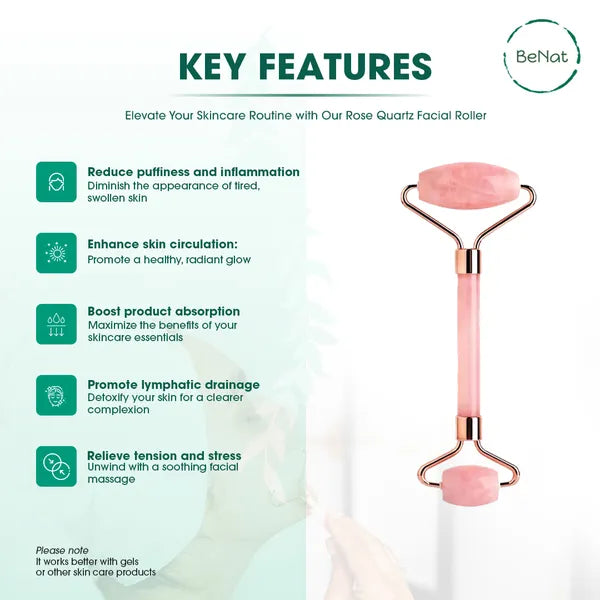Authentic Rose Quartz Facial Roller for Face & Neck | Natural Stone Cooling Massager to Reduce Puffiness, Boost Circulation & Enhance Skin Glow