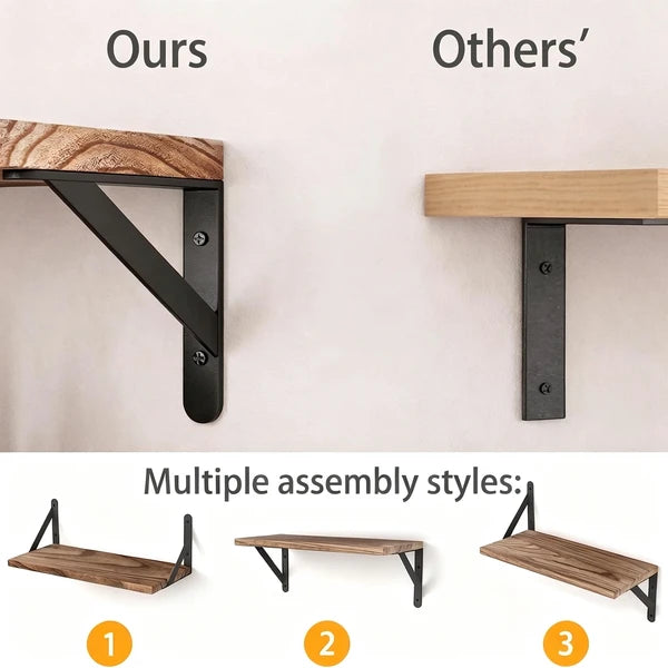 Floating Shelves Wall Mounted Set of 4, Rustic Paulownia Wood Wall Shelves with Black Metal Brackets, Torched Wood Storage Shelf for Bedroom Living Room Bathroom Kitchen, Includes Level & Screwdriver