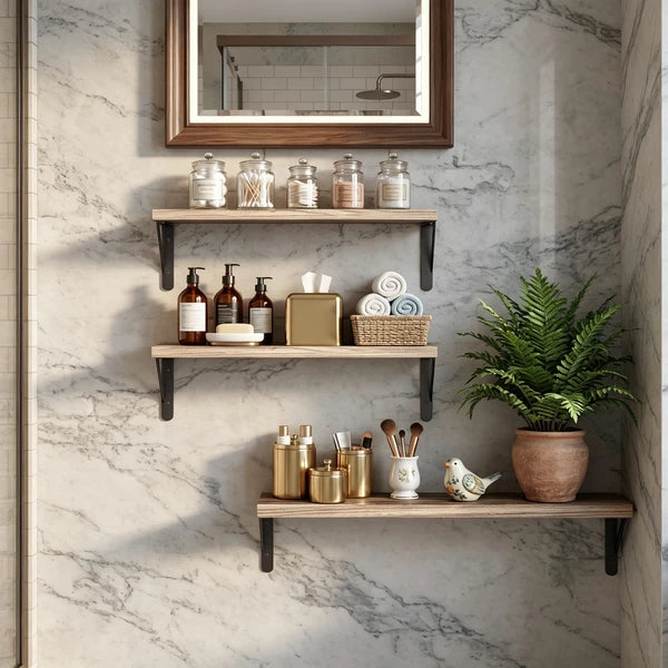 Floating Shelves Wall Mounted Set of 4, Rustic Paulownia Wood Wall Shelves with Black Metal Brackets, Torched Wood Storage Shelf for Bedroom Living Room Bathroom Kitchen, Includes Level & Screwdriver