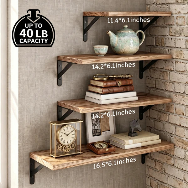 Floating Shelves Wall Mounted Set of 4, Rustic Paulownia Wood Wall Shelves with Black Metal Brackets, Torched Wood Storage Shelf for Bedroom Living Room Bathroom Kitchen, Includes Level & Screwdriver