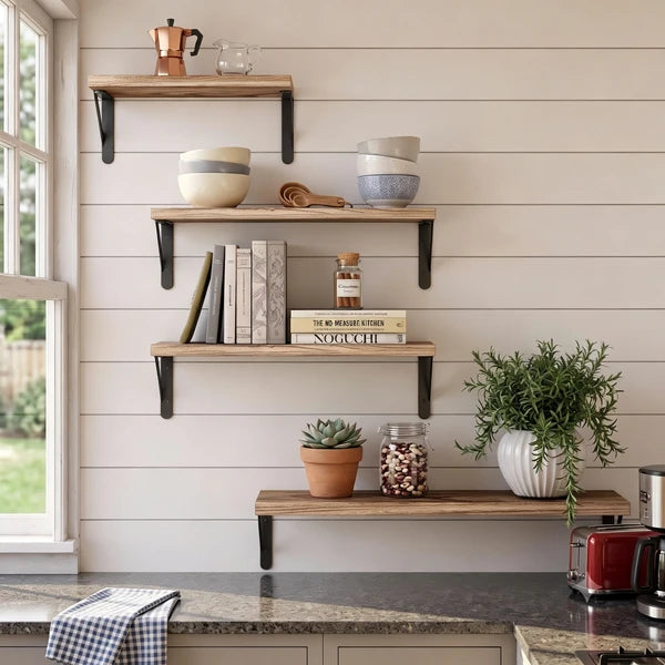 Floating Shelves Wall Mounted Set of 4, Rustic Paulownia Wood Wall Shelves with Black Metal Brackets, Torched Wood Storage Shelf for Bedroom Living Room Bathroom Kitchen, Includes Level & Screwdriver