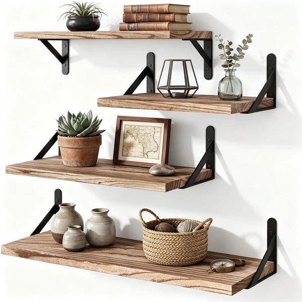 Floating Shelves Wall Mounted Set of 4, Rustic Paulownia Wood Wall Shelves with Black Metal Brackets, Torched Wood Storage Shelf for Bedroom Living Room Bathroom Kitchen, Includes Level & Screwdriver