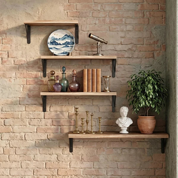 Floating Shelves Wall Mounted Set of 4, Rustic Paulownia Wood Wall Shelves with Black Metal Brackets, Torched Wood Storage Shelf for Bedroom Living Room Bathroom Kitchen, Includes Level & Screwdriver