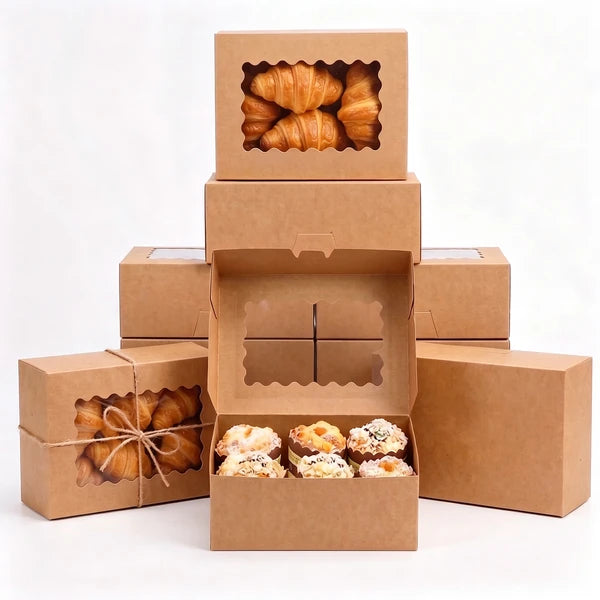 Kraft Paper Bakery Boxes with Window 28 Pack, Auto Pop Up Cupcake Box 9x6x3 Inch, PET Clear Window Pastry Box with Scalloped Edge for Cookies Donuts Cake