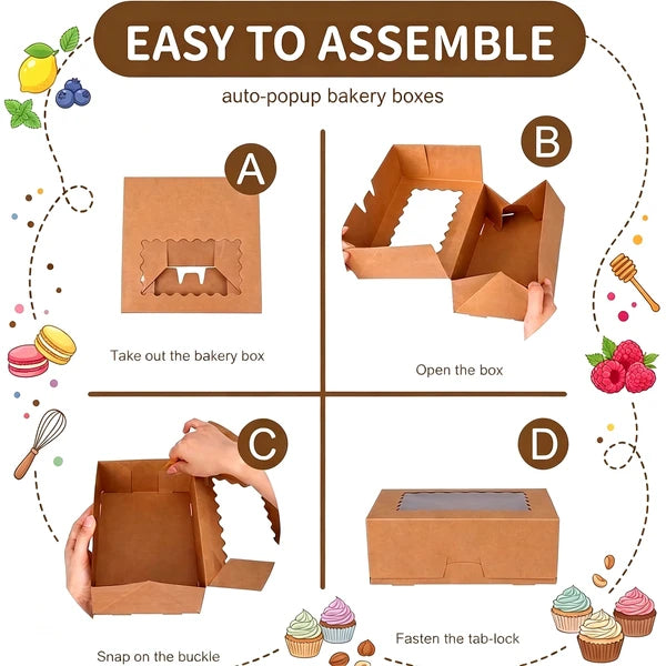 Kraft Paper Bakery Boxes with Window 28 Pack, Auto Pop Up Cupcake Box 9x6x3 Inch, PET Clear Window Pastry Box with Scalloped Edge for Cookies Donuts Cake