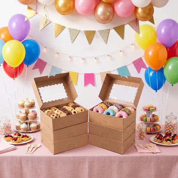 Kraft Paper Bakery Boxes with Window 28 Pack, Auto Pop Up Cupcake Box 9x6x3 Inch, PET Clear Window Pastry Box with Scalloped Edge for Cookies Donuts Cake