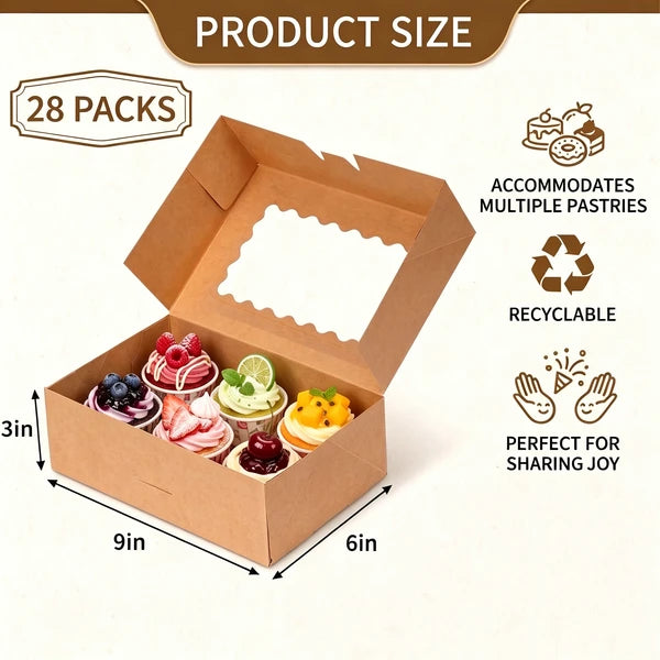 Kraft Paper Bakery Boxes with Window 28 Pack, Auto Pop Up Cupcake Box 9x6x3 Inch, PET Clear Window Pastry Box with Scalloped Edge for Cookies Donuts Cake