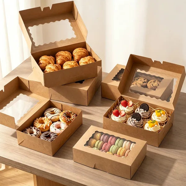 Kraft Paper Bakery Boxes with Window 28 Pack, Auto Pop Up Cupcake Box 9x6x3 Inch, PET Clear Window Pastry Box with Scalloped Edge for Cookies Donuts Cake