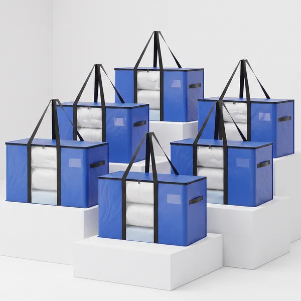 Moving Bags Heavy Duty, 6 Pack Extra Large Storage Bags with Clear Window, 100L PP Moving Totes with Reinforced Zipper & Wrap Around Handles for Clothes Closet Storage, Blue