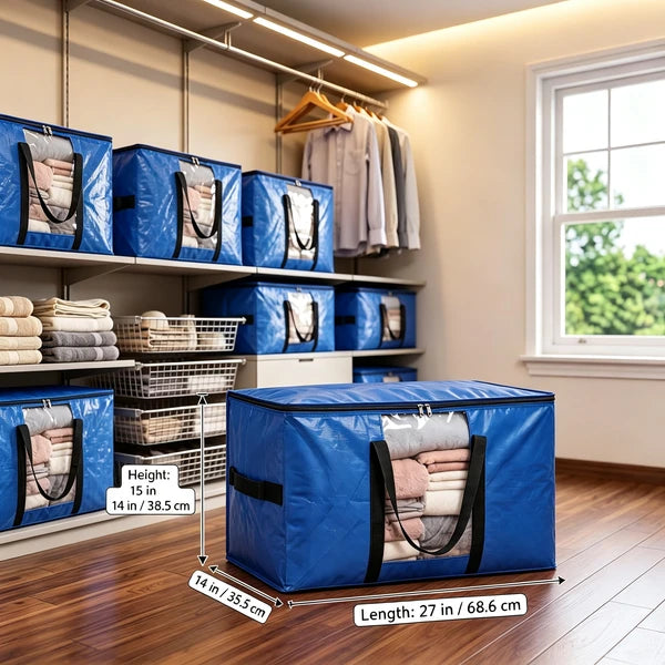 Moving Bags Heavy Duty, 6 Pack Extra Large Storage Bags with Clear Window, 100L PP Moving Totes with Reinforced Zipper & Wrap Around Handles for Clothes Closet Storage, Blue