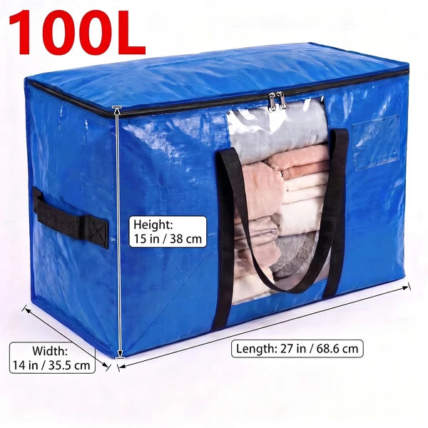 Moving Bags Heavy Duty, 6 Pack Extra Large Storage Bags with Clear Window, 100L PP Moving Totes with Reinforced Zipper & Wrap Around Handles for Clothes Closet Storage, Blue