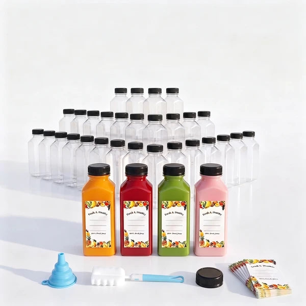 Pack of 36 Empty Plastic Milk Bottles, 16oz disposable Drink Containers with Caps for Juices, Smoothies and Beverages, Clear Bulk Food Grade Shaker Cups