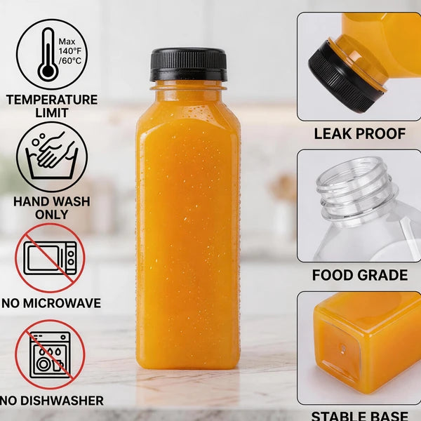 Pack of 45 Clear Beverage Containers with Lids, 12 oz Empty Plastic Smoothie Bottles for Juicing - Includes DIY Labels, Funnel and Cleaning Brush for Milk, Tea