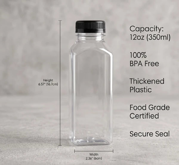 Pack of 45 Clear Beverage Containers with Lids, 12 oz Empty Plastic Smoothie Bottles for Juicing - Includes DIY Labels, Funnel and Cleaning Brush for Milk, Tea