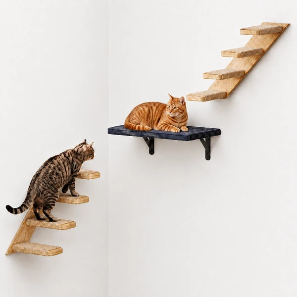 Wall-Mounted Cat Stairs Set with Shelf, Includes 2x 4-Step Cat Climbing Ladders & 1x Wall Shelf, Paulownia Wood Steps Wrapped in Jute Rope, Full Hardware Kit Included, 45° Slope, Max Load 30 LBS Per S