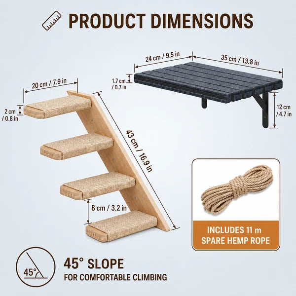 Wall-Mounted Cat Stairs Set with Shelf, Includes 2x 4-Step Cat Climbing Ladders & 1x Wall Shelf, Paulownia Wood Steps Wrapped in Jute Rope, Full Hardware Kit Included, 45° Slope, Max Load 30 LBS Per S