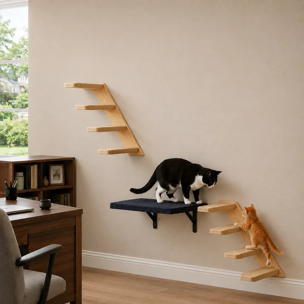Wall-Mounted Cat Stairs Set with Shelf, Includes 2x 4-Step Cat Climbing Ladders & 1x Wall Shelf, Paulownia Wood Steps Wrapped in Jute Rope, Full Hardware Kit Included, 45° Slope, Max Load 30 LBS Per S
