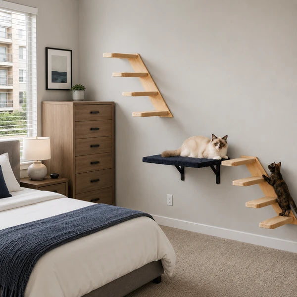 Wall-Mounted Cat Stairs Set with Shelf, Includes 2x 4-Step Cat Climbing Ladders & 1x Wall Shelf, Paulownia Wood Steps Wrapped in Jute Rope, Full Hardware Kit Included, 45° Slope, Max Load 30 LBS Per S