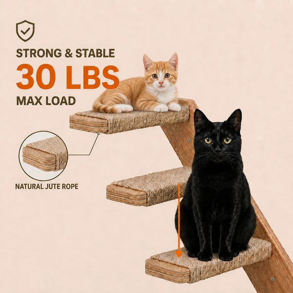 Wall-Mounted Cat Stairs Set with Shelf, Includes 2x 4-Step Cat Climbing Ladders & 1x Wall Shelf, Paulownia Wood Steps Wrapped in Jute Rope, Full Hardware Kit Included, 45° Slope, Max Load 30 LBS Per S
