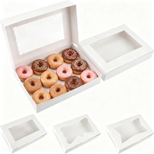 White Bakery Boxes with Window 48 Pack, 12x8x2.5 Inch Cookie Boxes with 3 Window Styles, Food Grade White Cardboard Donut Boxes for Pastries Cupcakes Treats, Includes 15 Kraft Stickers