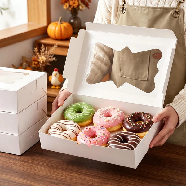 White Bakery Boxes with Window 48 Pack, 12x8x2.5 Inch Cookie Boxes with 3 Window Styles, Food Grade White Cardboard Donut Boxes for Pastries Cupcakes Treats, Includes 15 Kraft Stickers