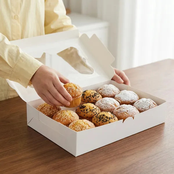 White Bakery Boxes with Window 48 Pack, 12x8x2.5 Inch Cookie Boxes with 3 Window Styles, Food Grade White Cardboard Donut Boxes for Pastries Cupcakes Treats, Includes 15 Kraft Stickers
