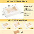 White Bakery Boxes with Window 48 Pack, 12x8x2.5 Inch Cookie Boxes with 3 Window Styles, Food Grade White Cardboard Donut Boxes for Pastries Cupcakes Treats, Includes 15 Kraft Stickers