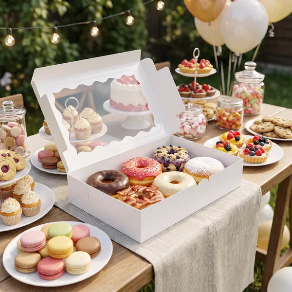 White Bakery Cookie Box with Scalloped PET Window, 12x8x2.5in Rectangular Gift Box, 15-Pack Foldable Treat Box for Cookies Candy Pretzels Snacks