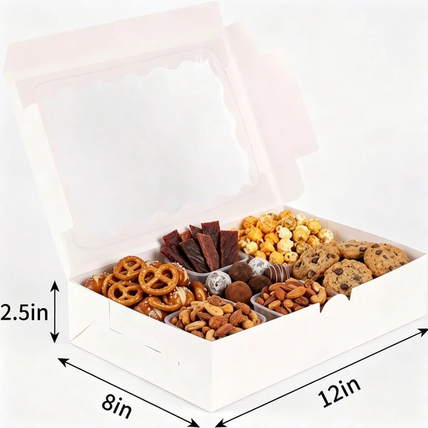 White Bakery Cookie Box with Scalloped PET Window, 12x8x2.5in Rectangular Gift Box, 15-Pack Foldable Treat Box for Cookies Candy Pretzels Snacks