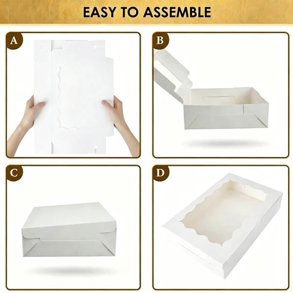 White Bakery Cookie Box with Scalloped PET Window, 12x8x2.5in Rectangular Gift Box, 15-Pack Foldable Treat Box for Cookies Candy Pretzels Snacks